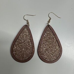 Rose Gold Glitter Teardrop Wood Earrings - Women Jewelry